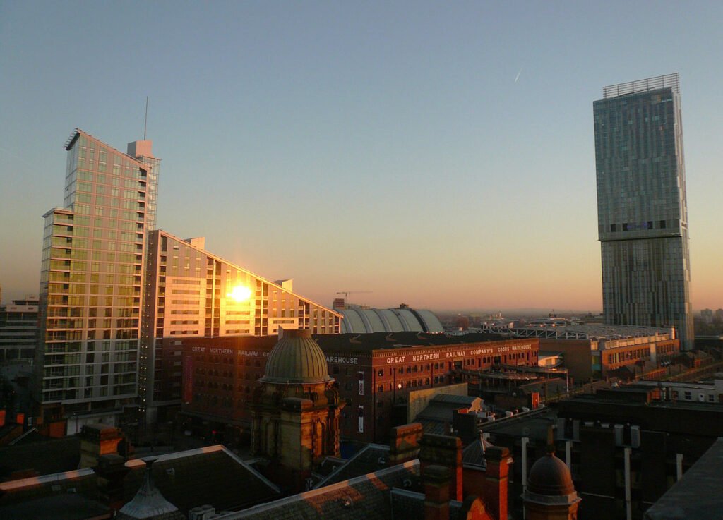 Great Northern Warehouse and Beetham Tower in Manchester at sunset